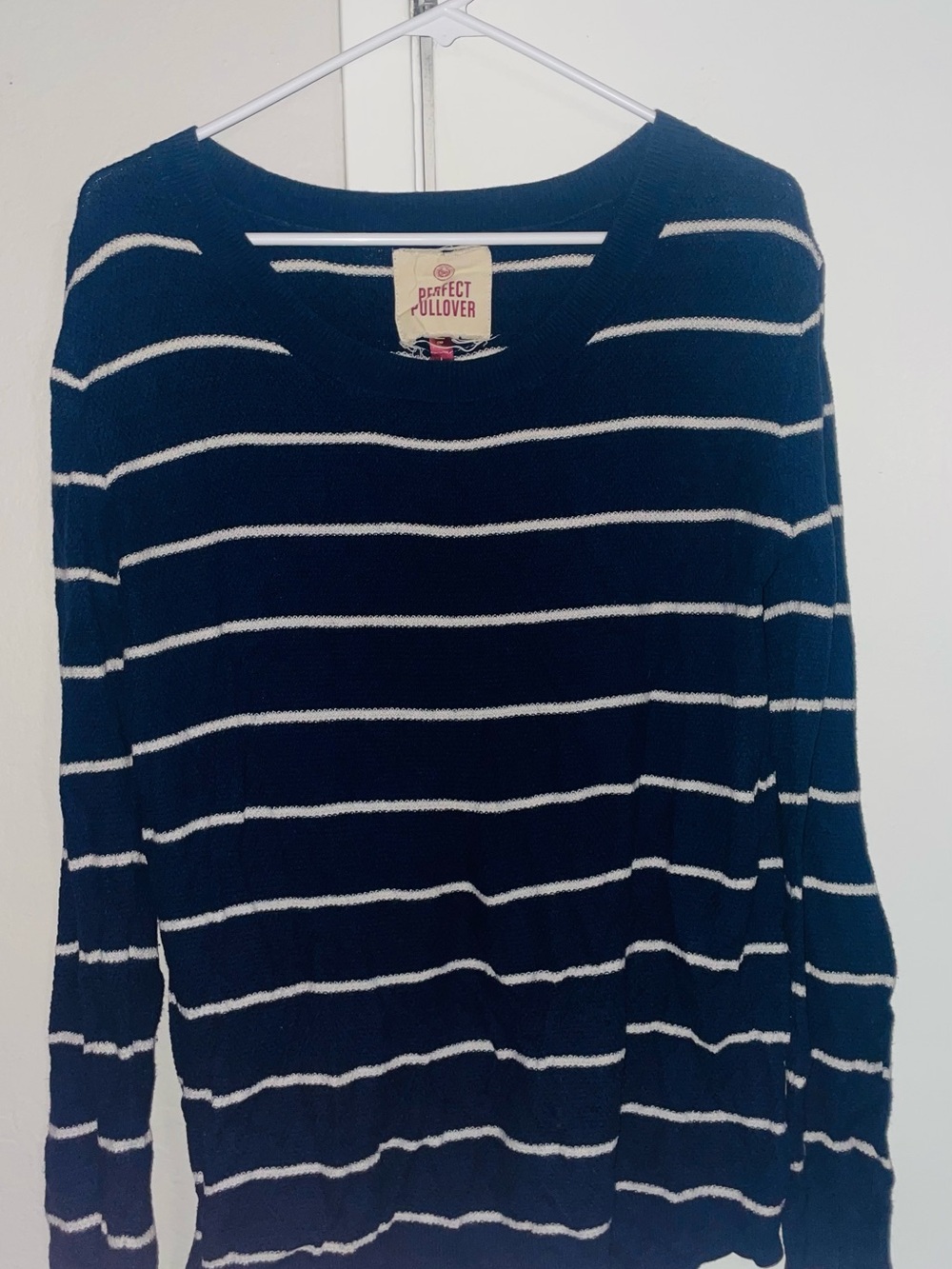 Calvin Klein Navy and White Striped Crewneck Sweater